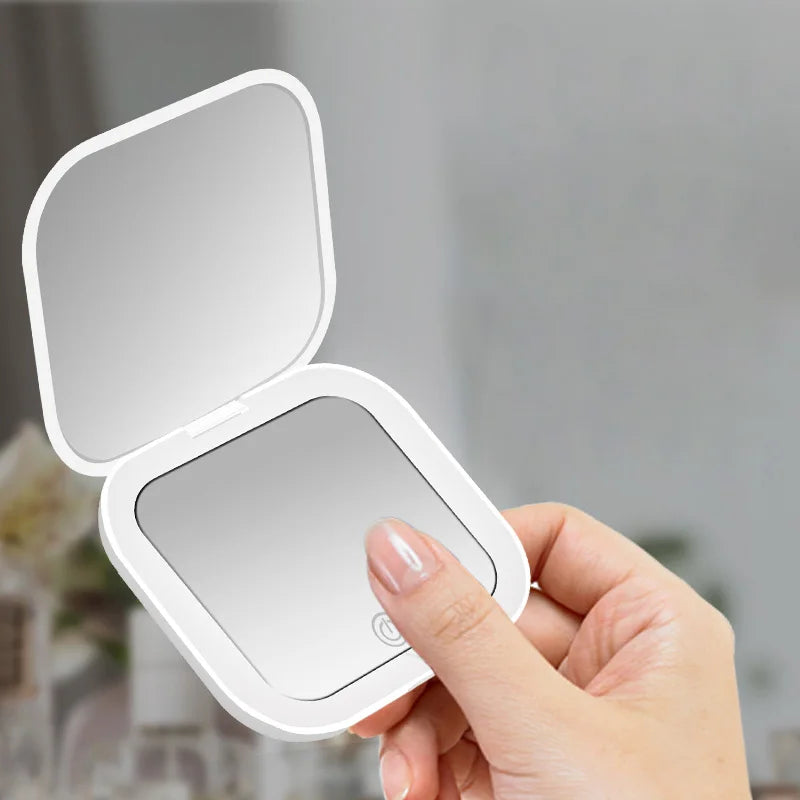 Compact Mini Cosmetic Mirror with Lights - Portable Hand Held Small Pocket Travel Makeup Mirror 2X Magnifying