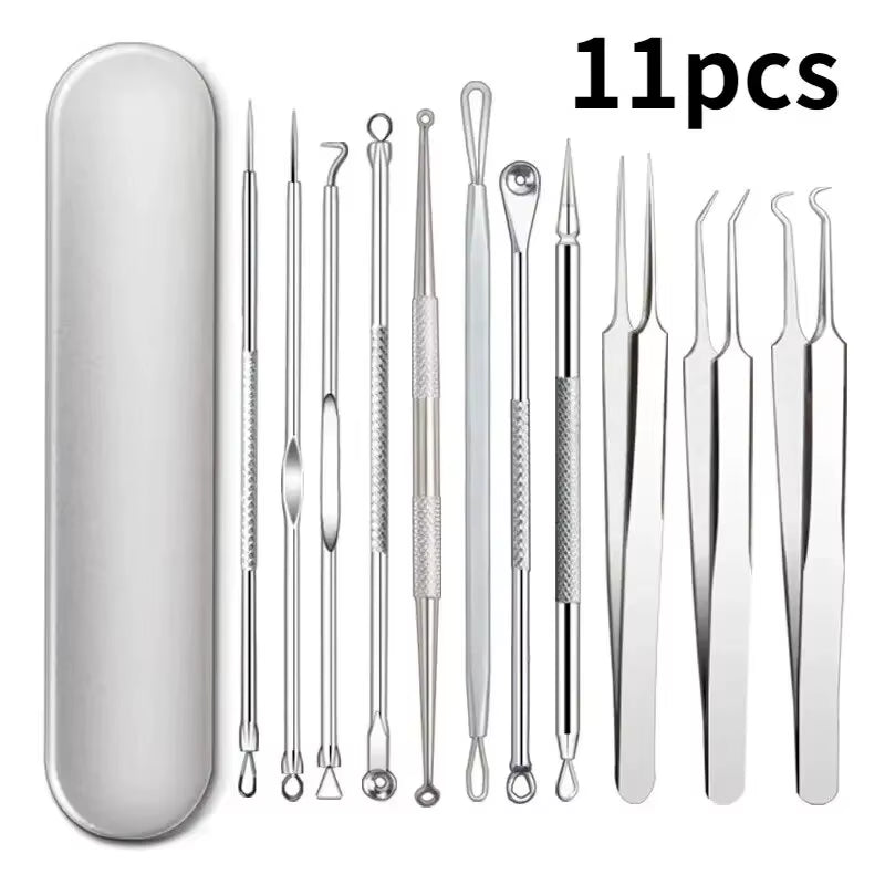 11Pcs Ingrown Hair Tweezers Acne Blackhead Removal Needles -  Black Dots Cleaner Pore Cleaner Deep Cleansing Face Skin Care Tools